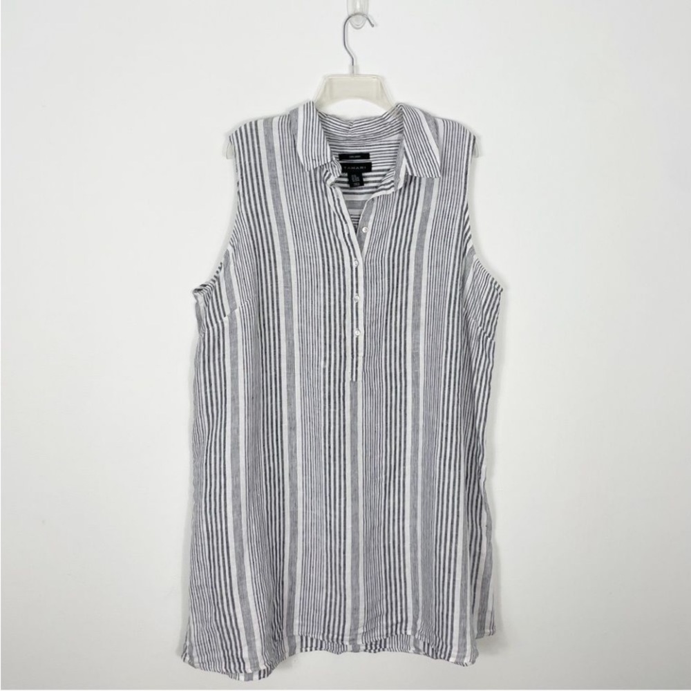 Tahari Womens Shift Dress Gray White Stripe Button Sleeveless 100% Linen Plus 2X - Picture 5 of 6